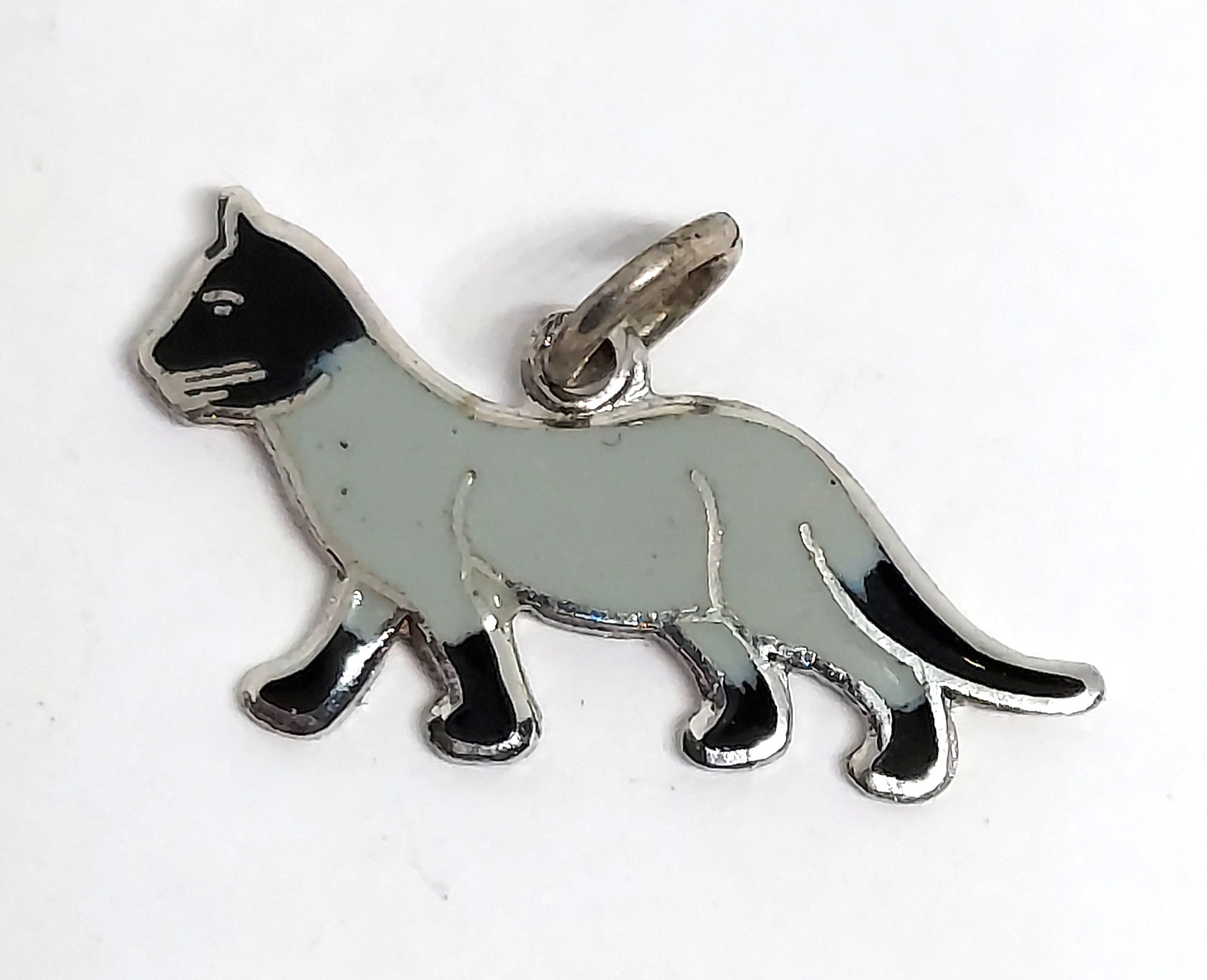 Vintage Siamese Cat Enamel Sterling silver Charm kitty black gray