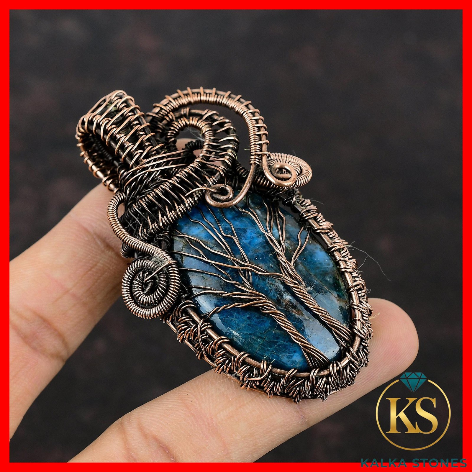 Neon Apatite Stone Copper New Wire Wrapped Tree Of Life Handmade Pendant Jewelry
