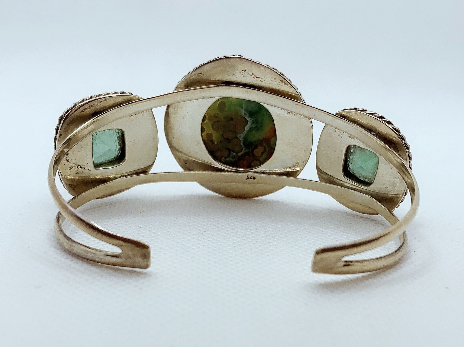 VTG 925 STERLING SILVER OCEAN JASPER & DIAMOND CUT CLASS CUFF BRACELET 43.3g #rl
