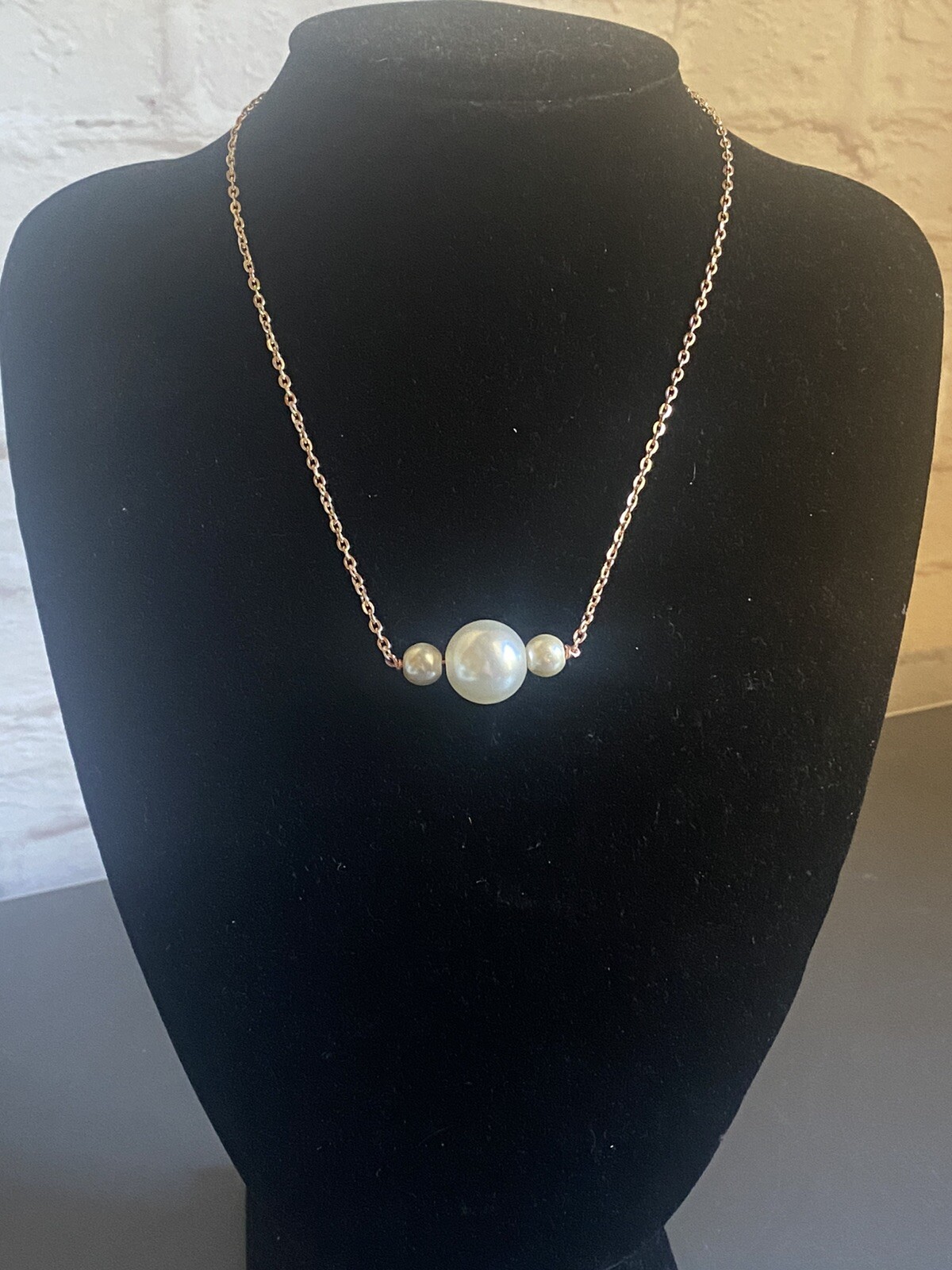 Costume Necklace Three Ivory Pearls on Rose Gold Tone Chain, Free Gift Box