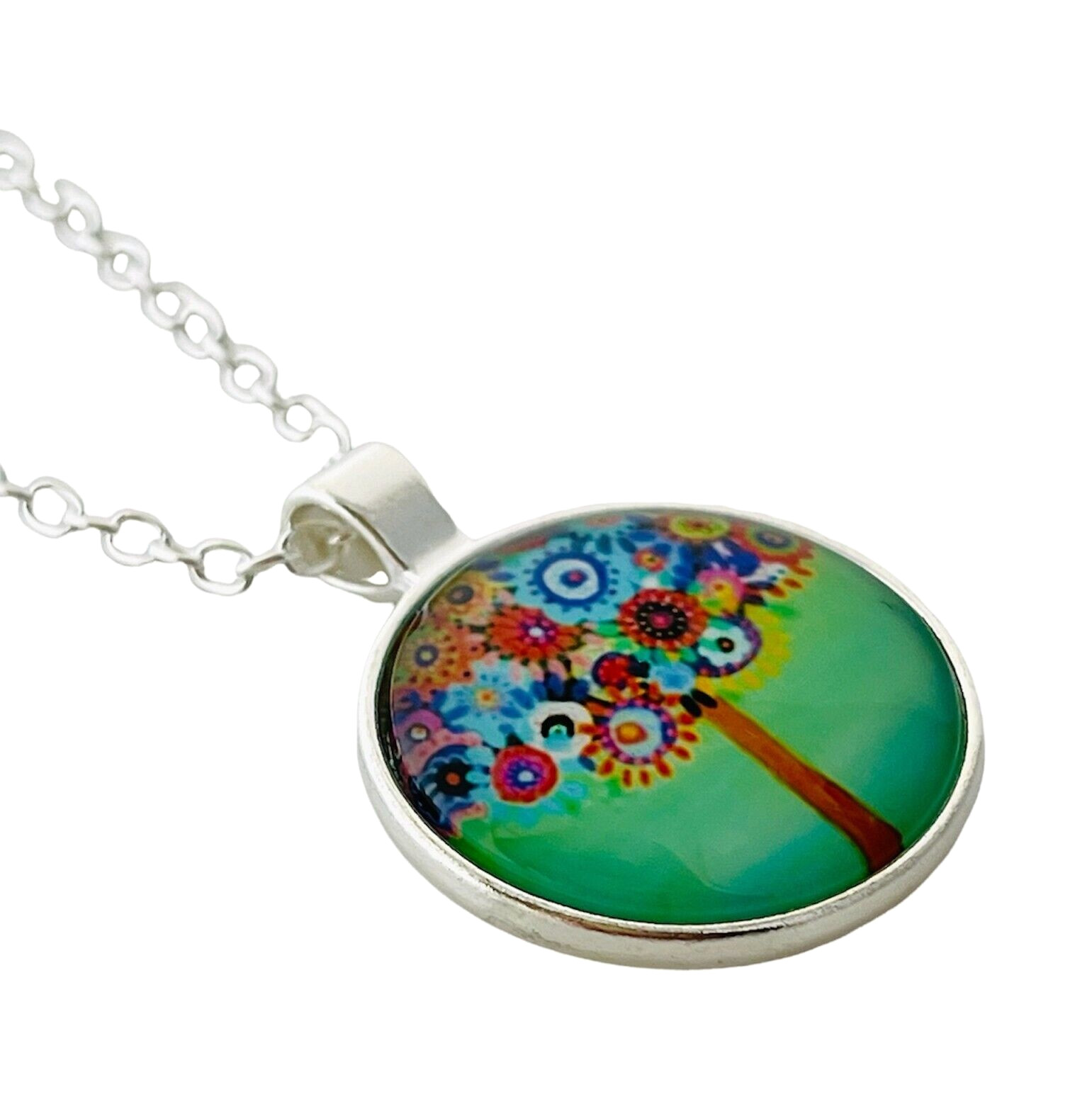 Colorful Flower Floral Tree Of Life Glass Domed Cabochon Chain 18″ Necklace