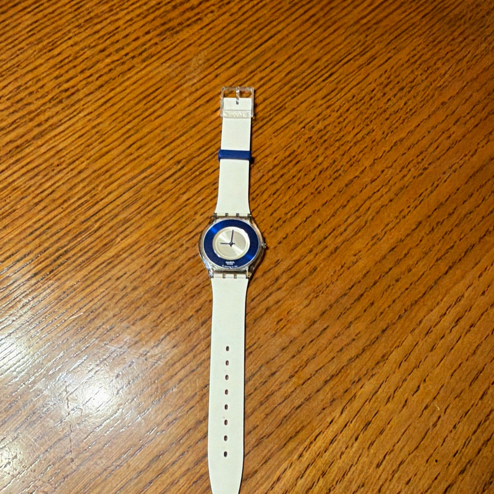 Swatch Swiss Made Quartz Analog Blue Dial Clear Plastic Case White Strap