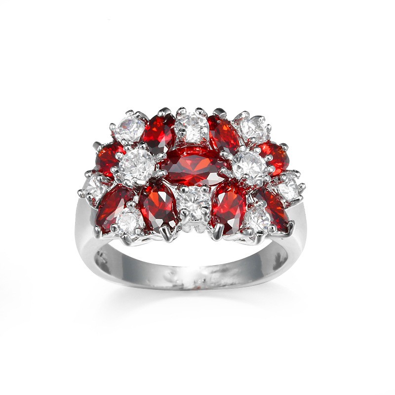 White Gold Plated Red/Purple/Blue Clear Cubic Zirconia Flower Ring Size 6-9