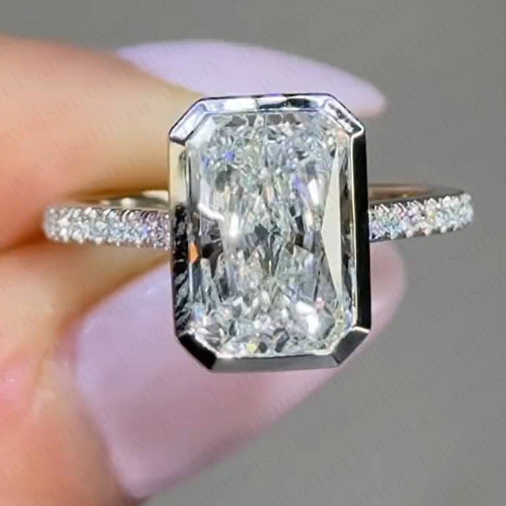 2.30Tcw Radiant Cut Moissanite Bezel Set Engagement Ring 14K White Gold Plated
