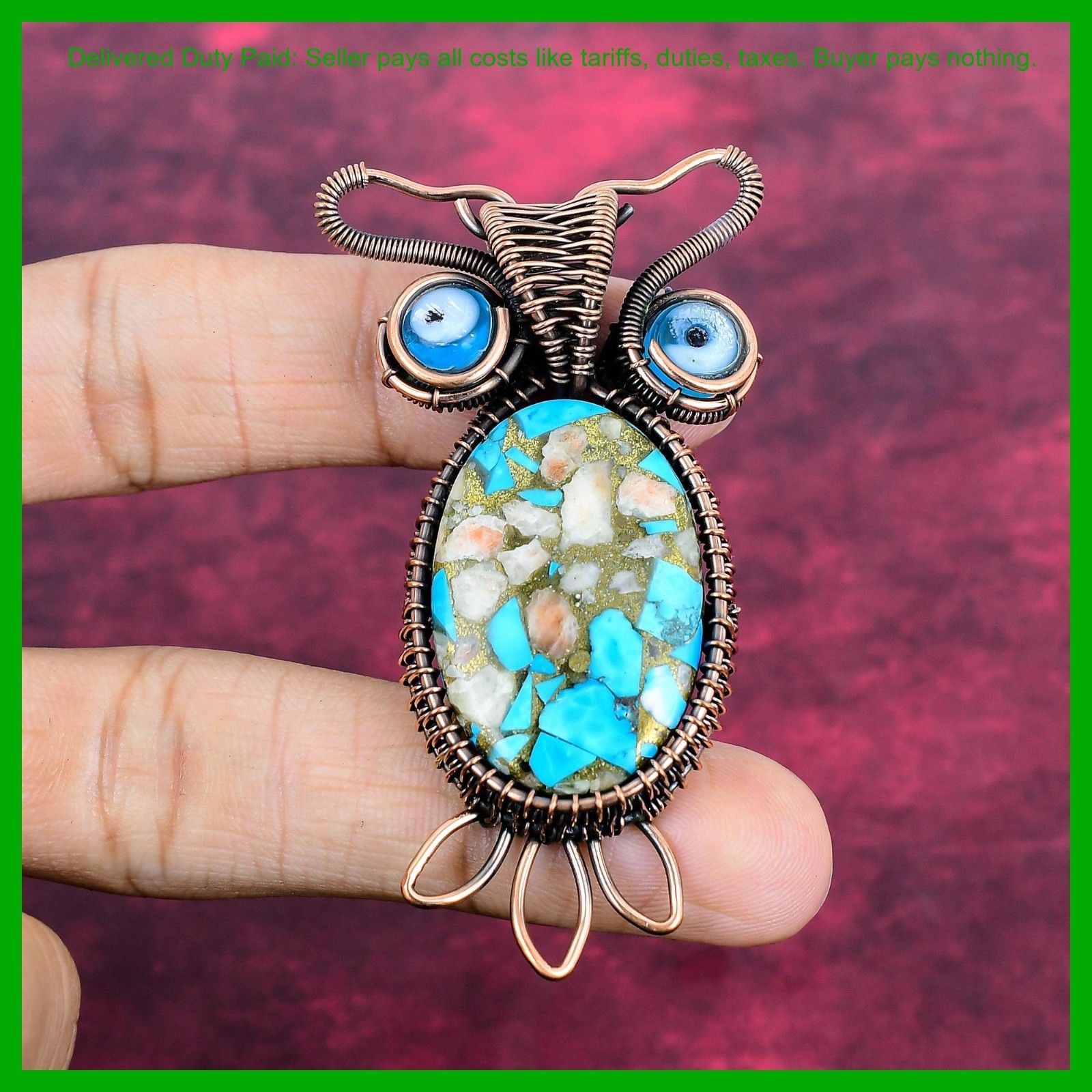 Copper Natural Pink Opal Copper Turquoise Blue Color Evil Eye Art Deco Pendant