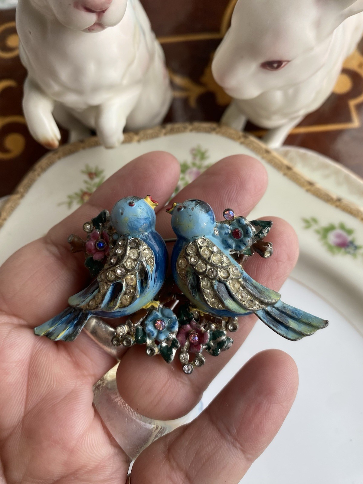 Rare Vintage 40s Coro Duette Enamel Love Birds Fur Clips Rhinestone Pin Brooch