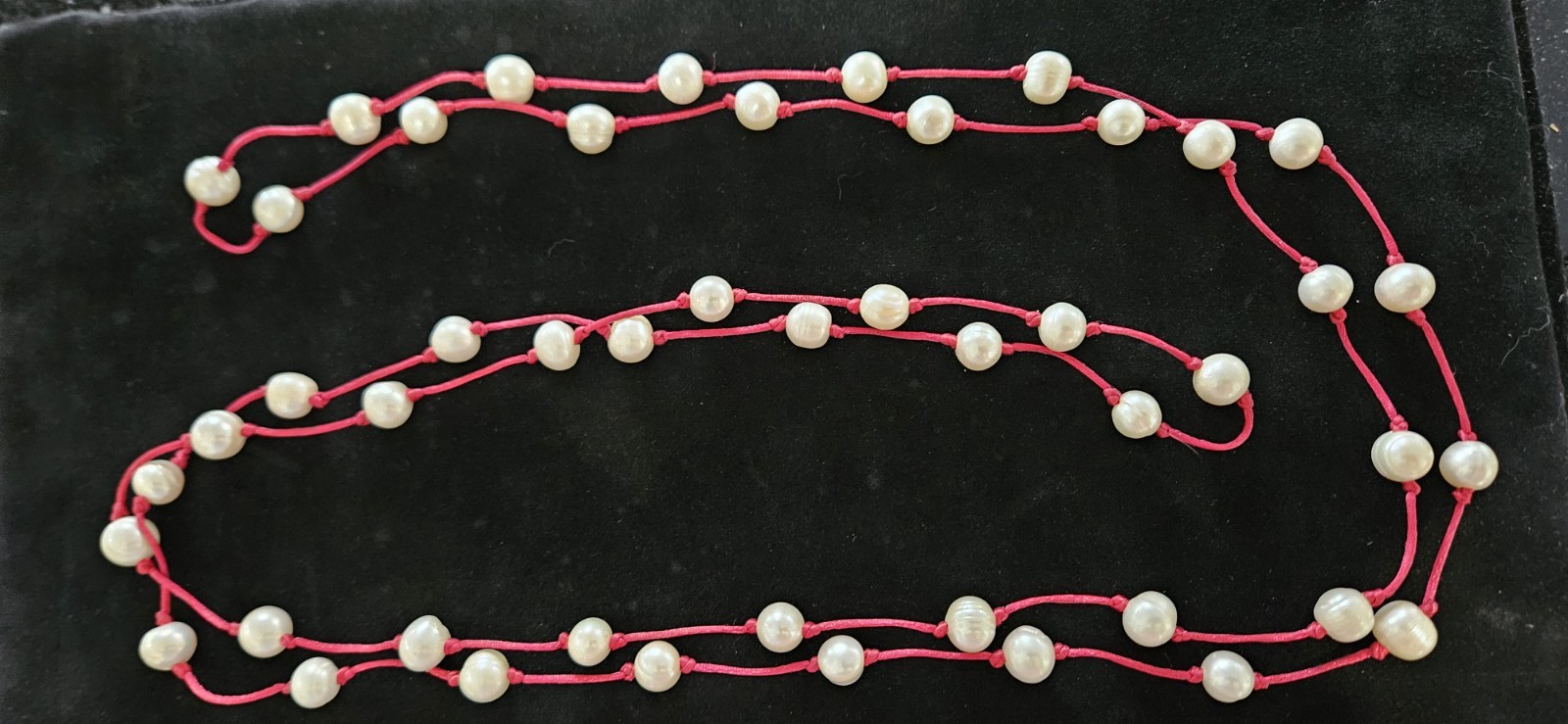 Freshwater Pearl Bead Station Necklace Red Cord Knotted Long Strand No Clasp