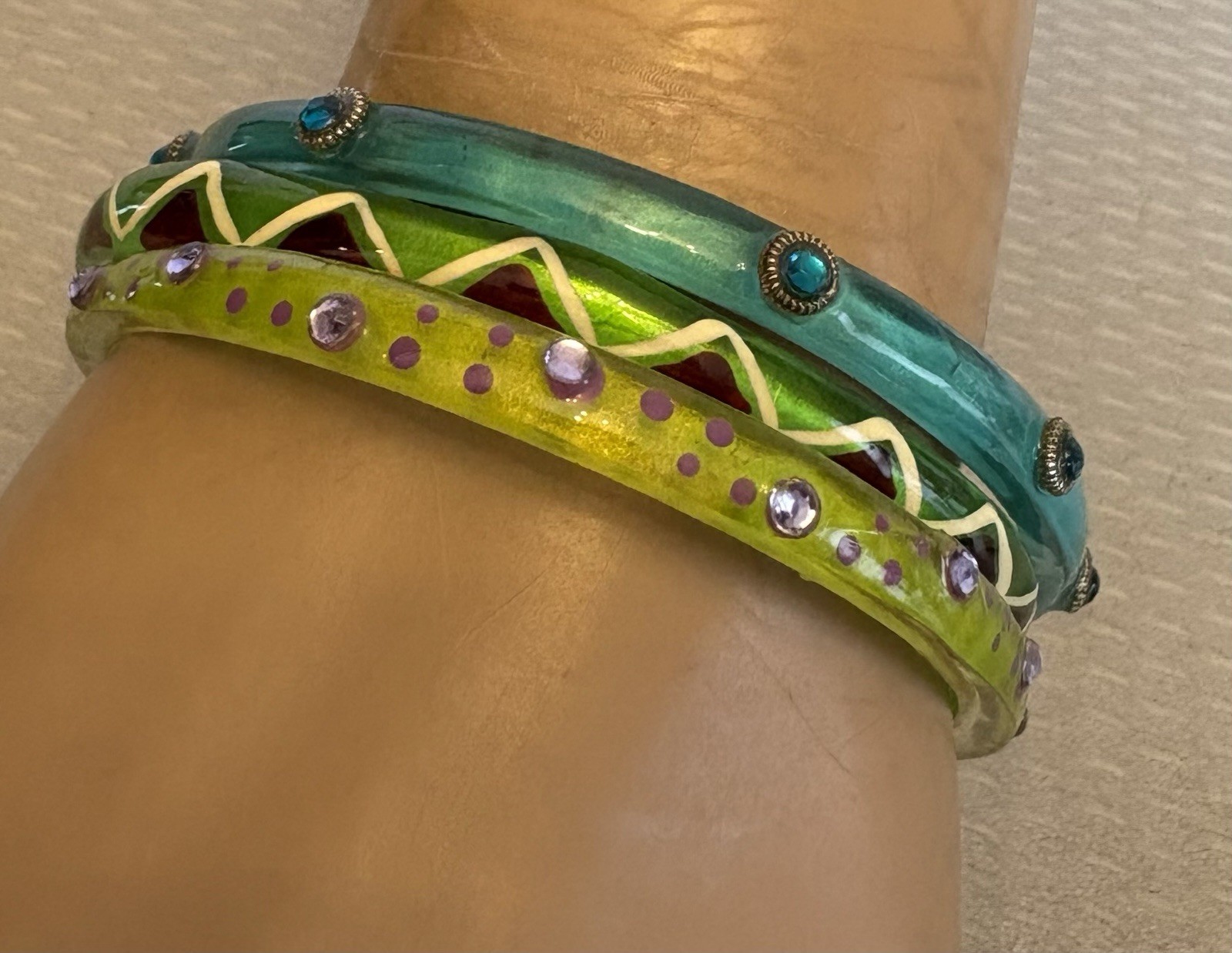 Vintage Clear Acrylic Resin Rhinestone Jewel Bangles Lot 3 Lime Green Turquoise