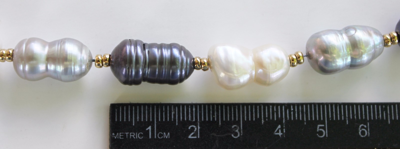 Huge 16 inch long ~ 11 x 18 mm Real Black Grey White Pearl Necklace ~ 14k Gold