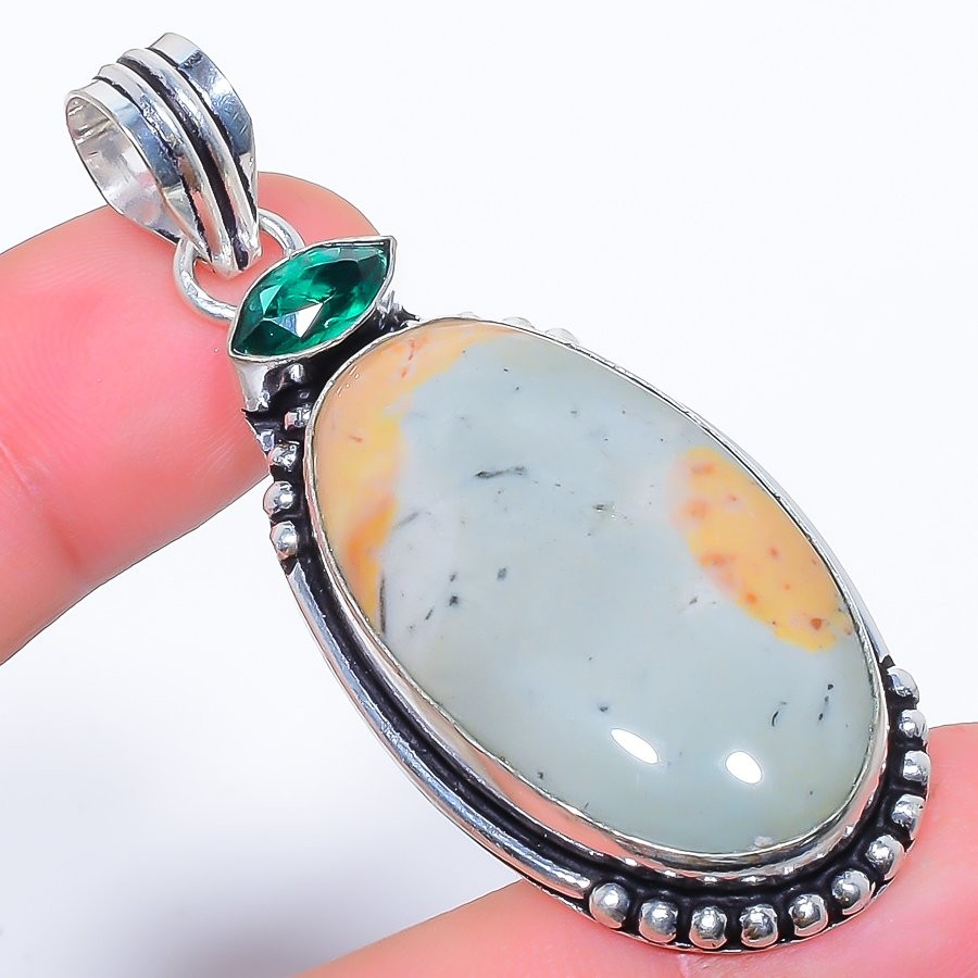 Natural Polychrome Jasper & Tsavorite 925 Silver Plated Pendant 2.4″ T2712