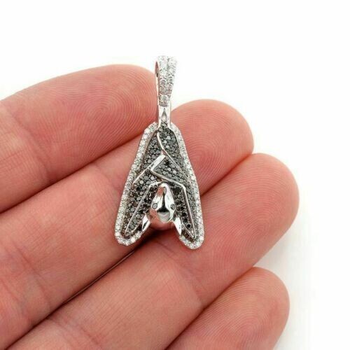 1.80 CT Round Black Diamond Hanging Bat Pendant With Chain 14K White Gold Finish