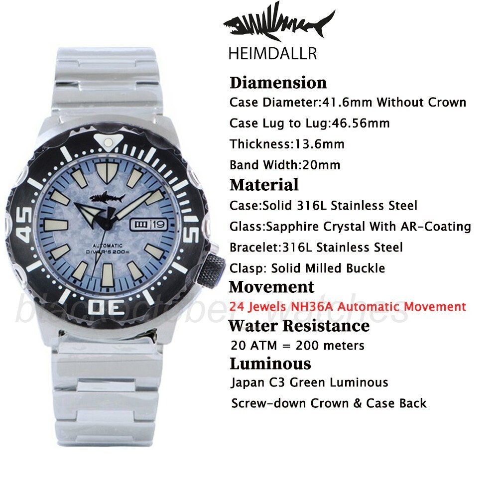 Heimdallr Sharkey Ocean Monster Diver NH36A Day Date Automatic 200M Watch C3 V2