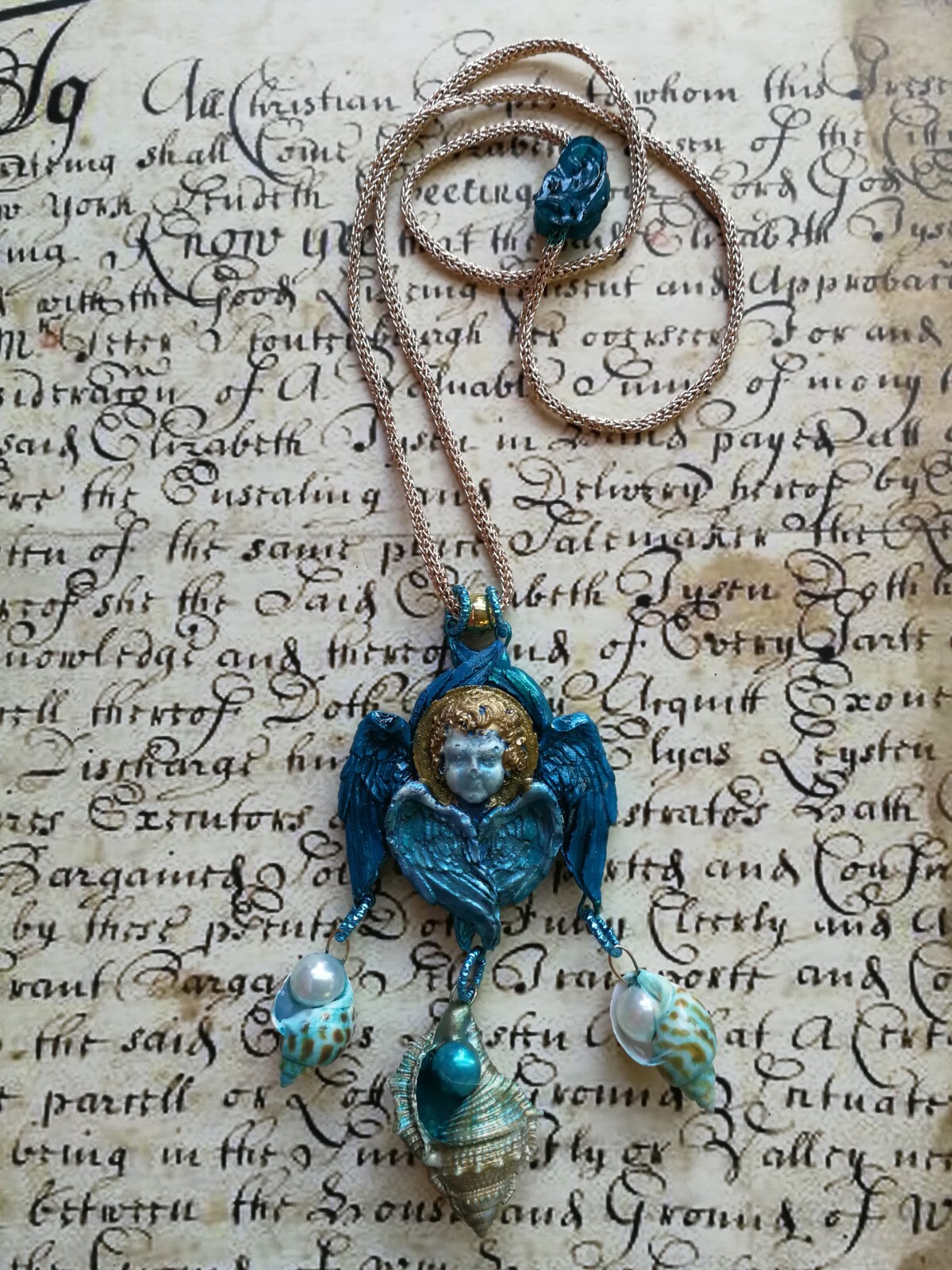 Talisman Amulet Blue Angel Rhinestone Necklace Pendant Wings Pearl Shell Jewelry