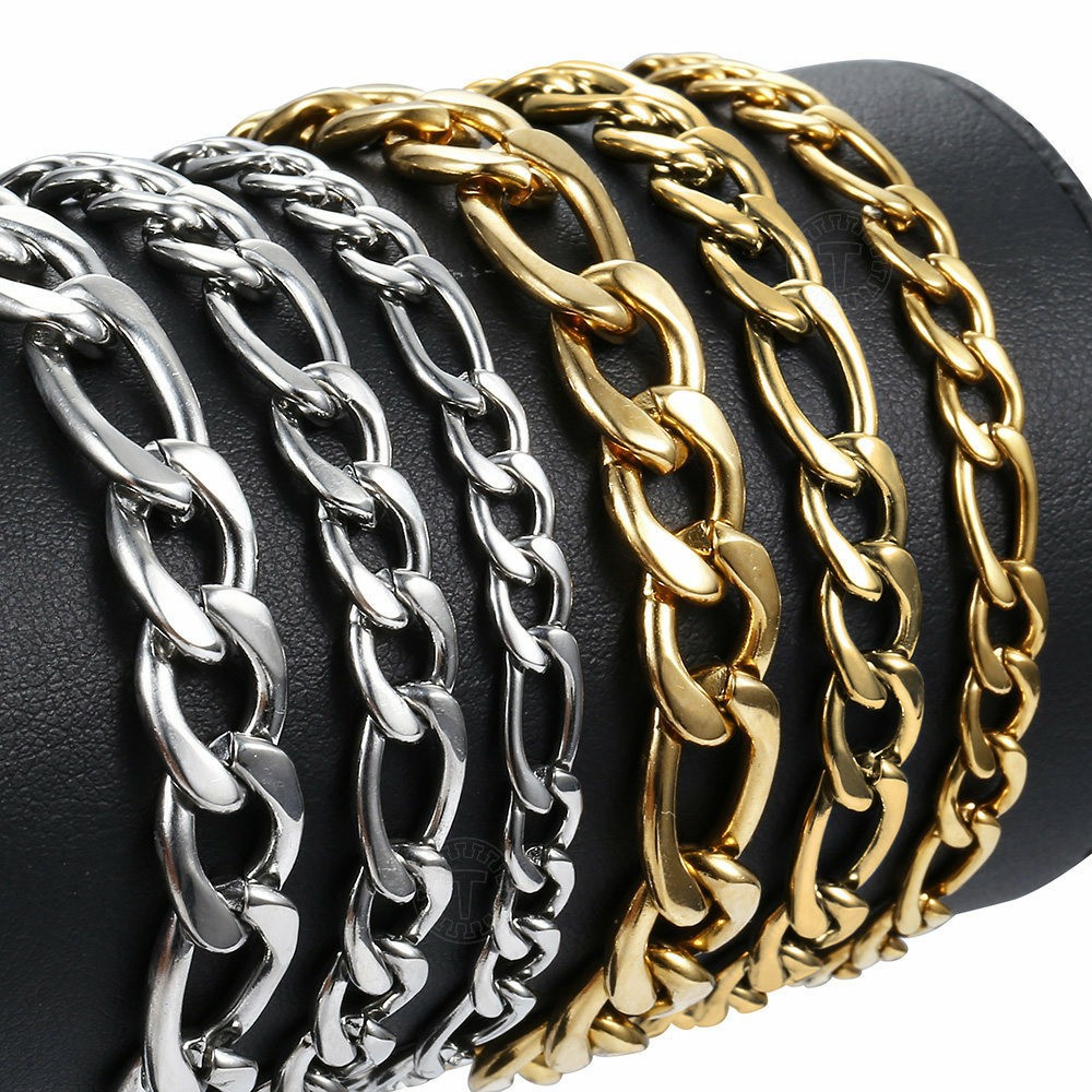 3/5/7/9mm Gold Plated Stainless Steel Figaro Link Chain Bracelet Men Women Jewel