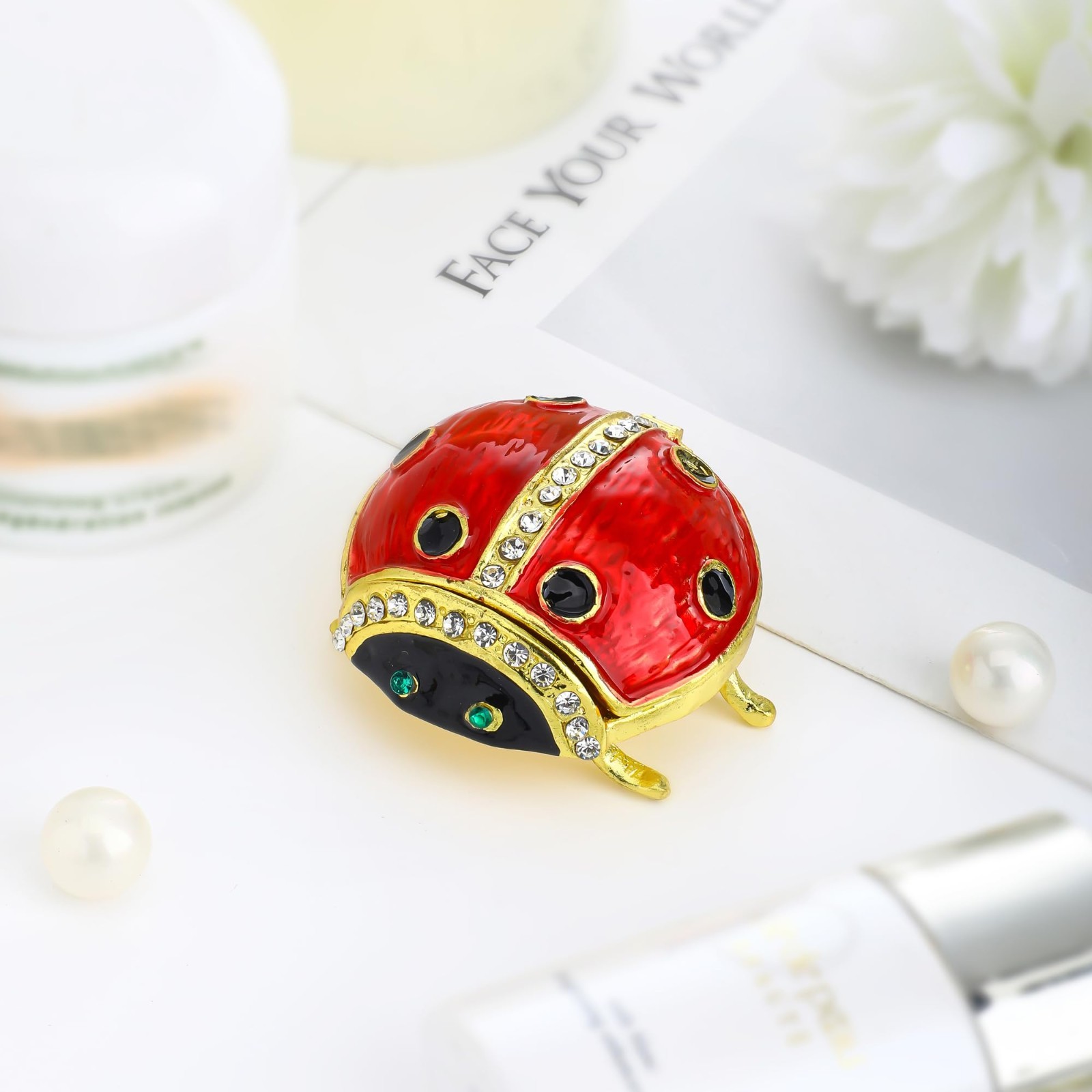 Ladybug Jewelry Box with Crystal Accents | Hinged Trinket Organizer, Keepsake Gi
