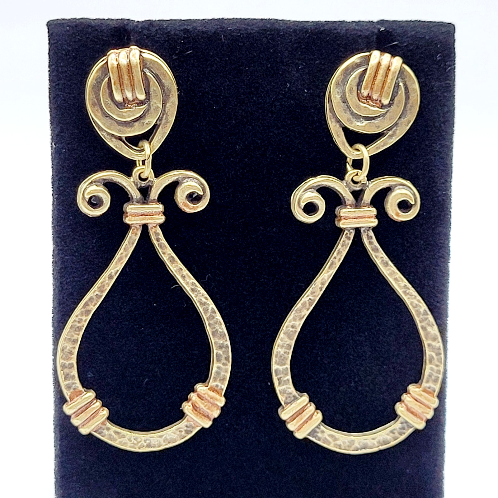 Modern Geometric Loop Hammered Look Ornate Stud Mix Metal Tone Pierced Earrings