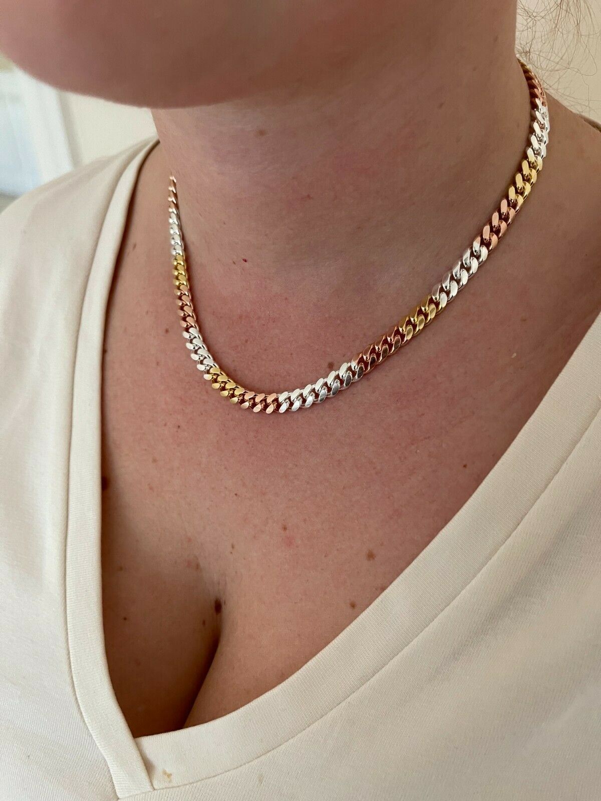 Tri Color Solid 925 Silver Rose & 14k Gold Plated Miami Cuban Necklace Bracelet