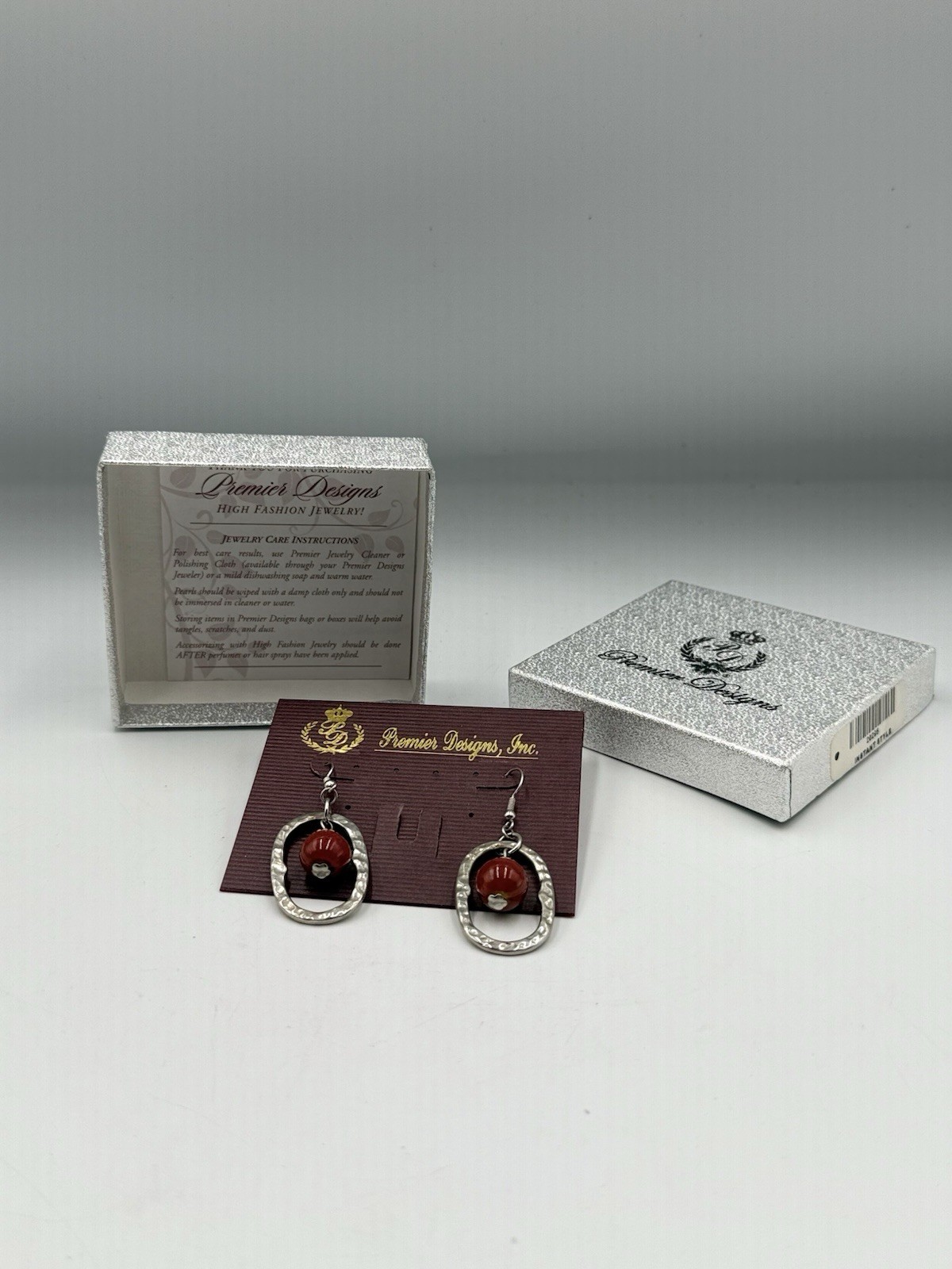 Premier Designs Silver Oval Dangle Earrings Red Stone Bead