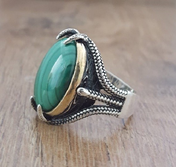 Solid 925 Sterling Silver Natural Green Malachite Gemstone Men’s Unisex Ring