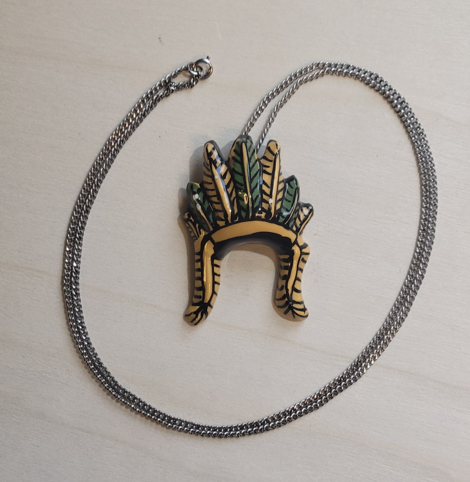Native American Indian Chief Ceramic War Bonnet Headdress Pendant 26in Necklace
