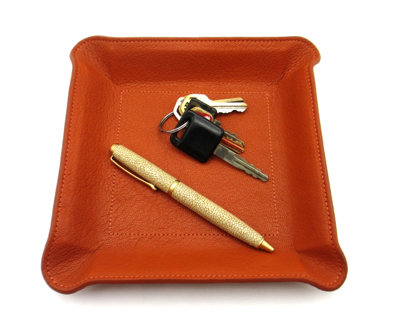 Valet Tray Catchall Leather New 6 1/2″ Square Molded Design Graphic Image ORNGE