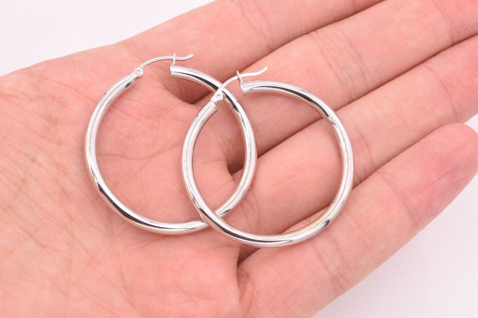 3mm X 40mm 1 1/2″ Plain Shiny Polished Round Hoop Earrings REAL 14K White Gold