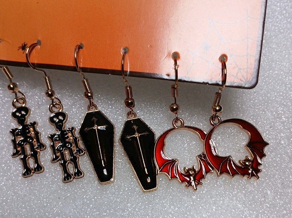 Halloween Fun! Set Of 3 Dangling Enameled Goldtone Earrings, All Ages,
