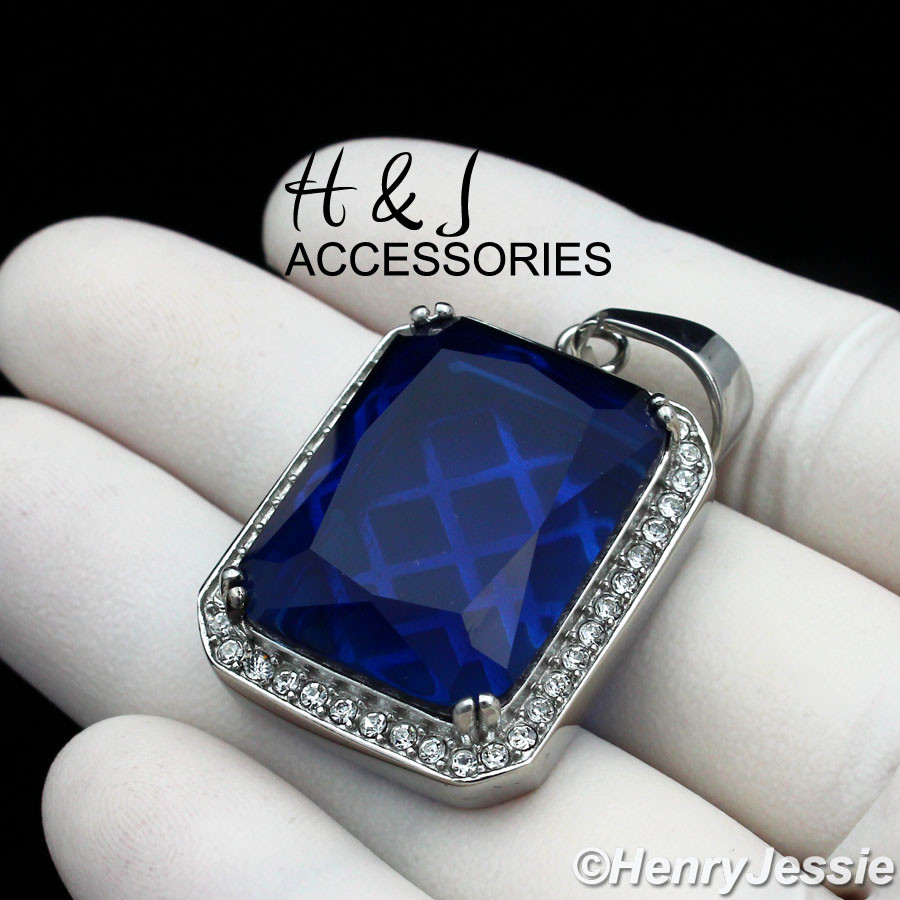 MEN’s Stainless Steel Silver Blue Rhinestone Charm Pendant*ASP103
