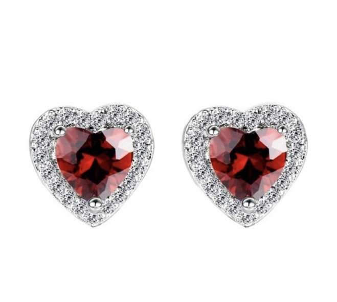 Exquisite Red Garnet CZ Double Heart Ring Size 10 & CZ Halo Heart Earrings Set
