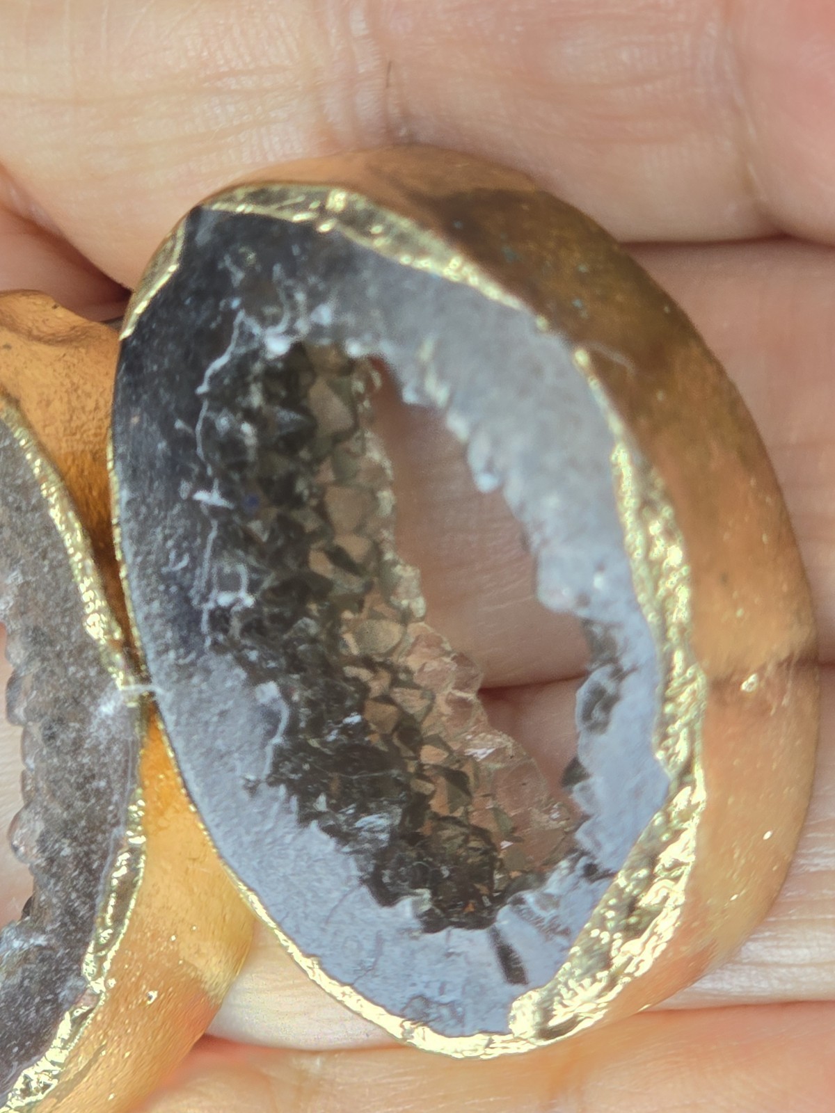 Geode Druzy Statement Earrings Gold Tone Black Crystal Slice Jewelry #262