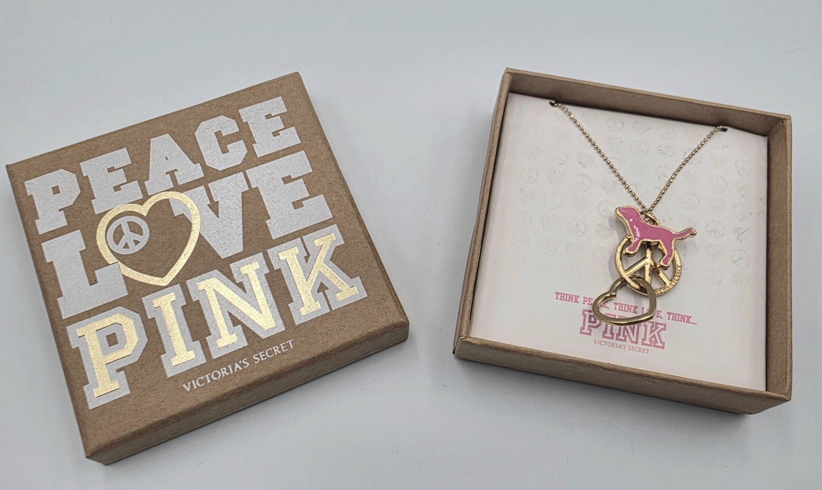 NEW Rare Victoria’s Secret PINK Dog Charm Necklace Peace Love