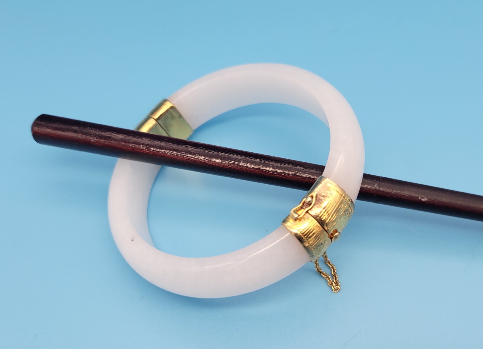 Genuine White Jade Bangle Bracelet, Type A, Burmese Jadeite, 18k Gold Plated