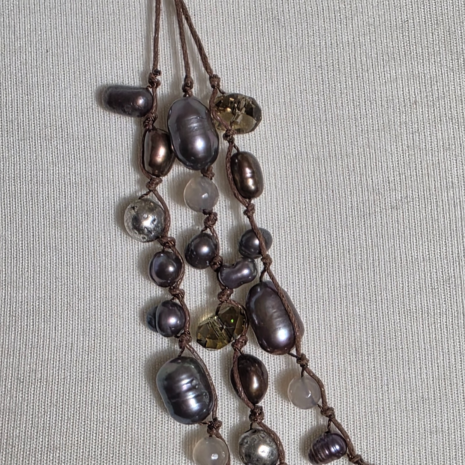 J. Jill Triple Strand Necklace Gray & Bronze Colored Beads on Brown Cord