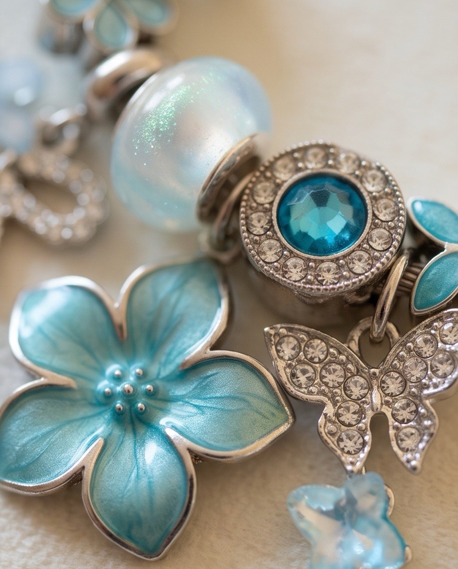 Silver/Blue Stainless Steel Cable Bangle Charm Bracelet Flower Butterfly Dangles