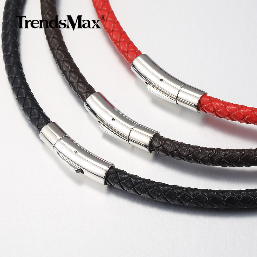 4/6MM Red/Brown/Black Braided Cord Rope Leather Necklace Choker Push Lock 16-30″