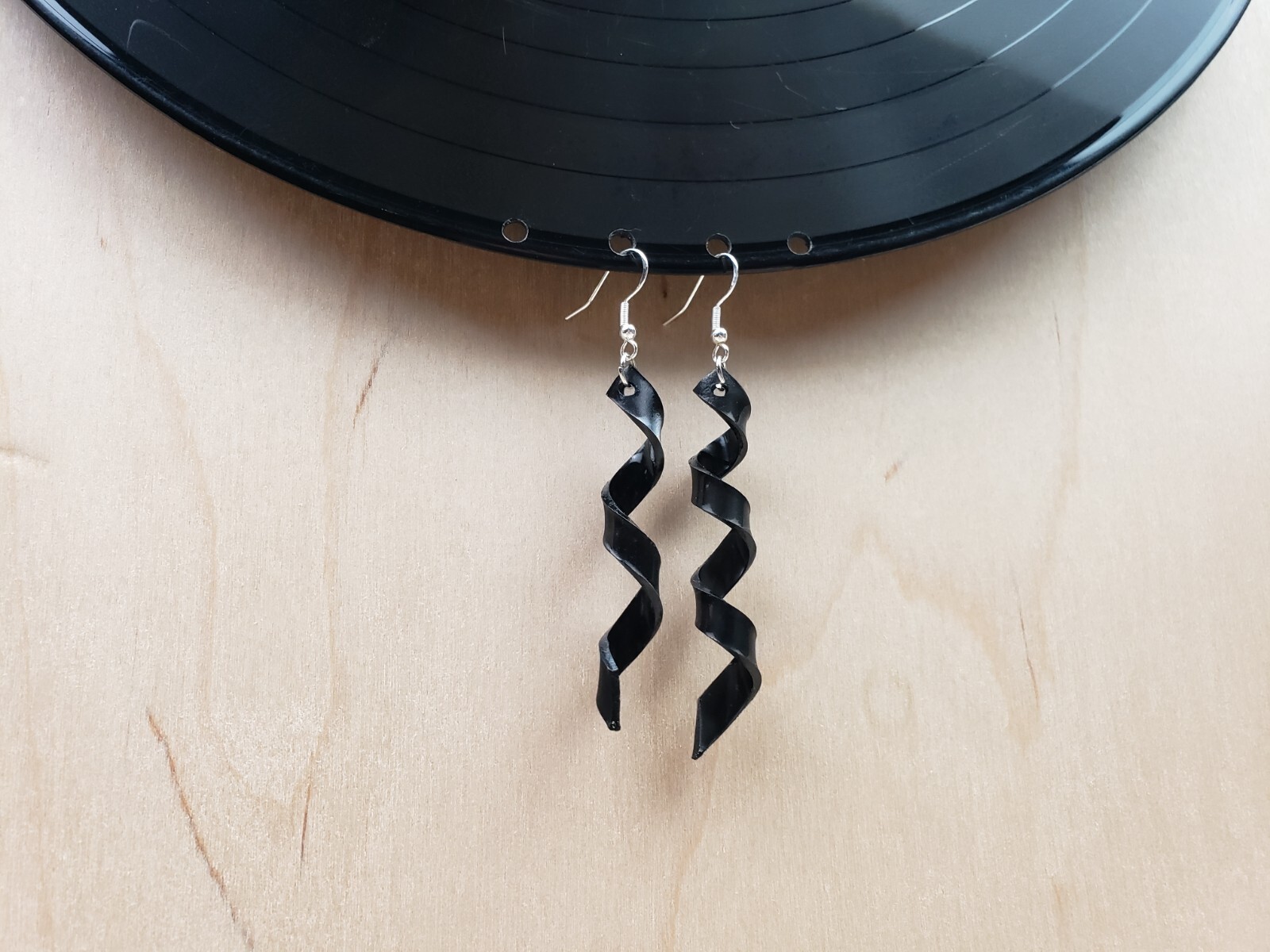 Upcycled Earrings Spiral Ribbon Twist 3D Curl Made From Upcycled LP Rock N Roll
