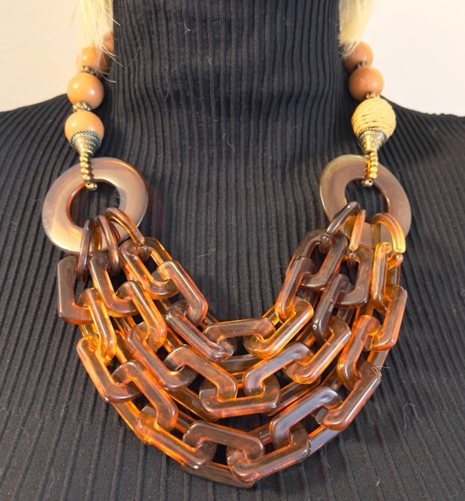 Brown Hues Metal Resin Raffia Beaded Chunk Acrylic Big Links Bib Necklace 24”