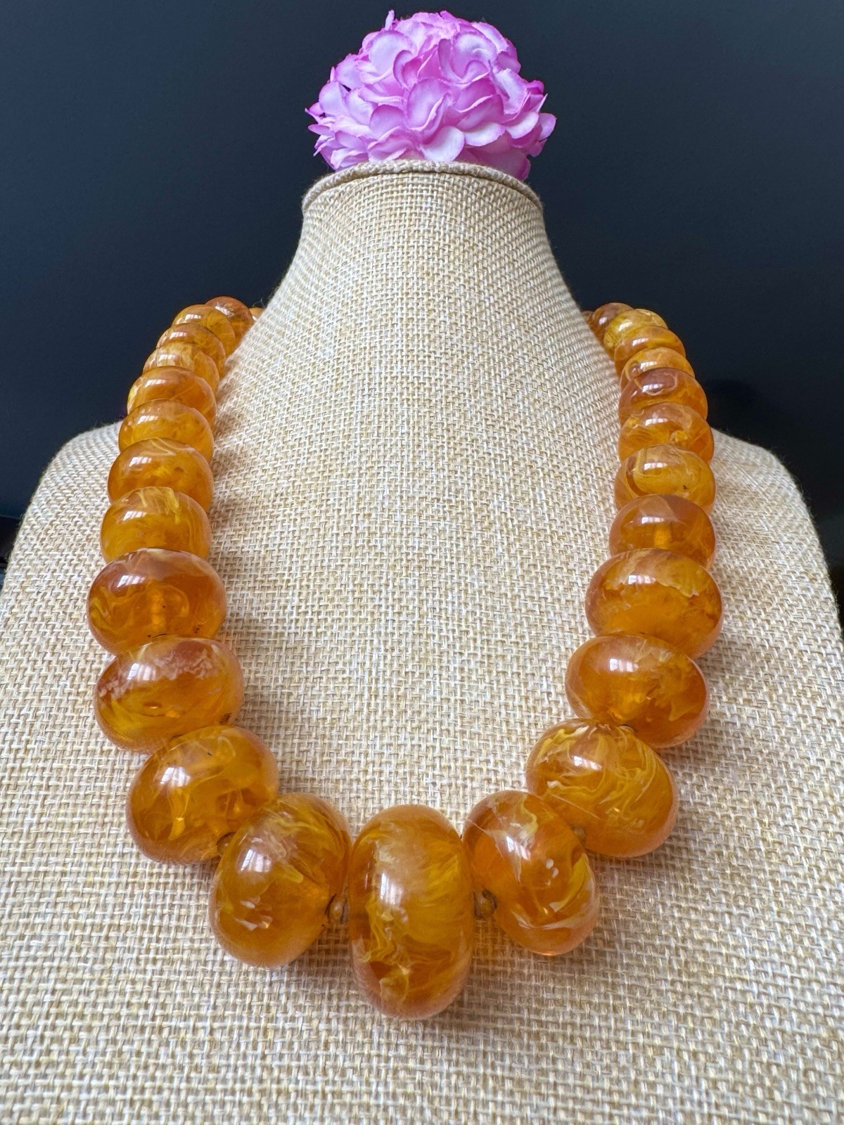 Vintage Style Honey & Egg Yolk Color Graduated Amber Resin Necklace 22”in,148gr