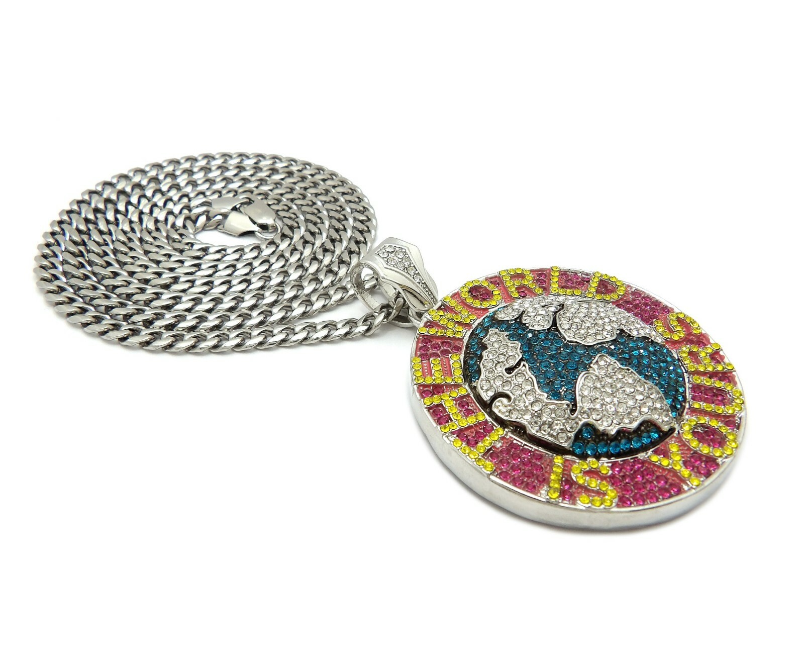 THE WORLD IS YOURS LARGE PENDANT & 6mm 36″ STAINLESS STEEL CUBAN CHAIN NECKLACE