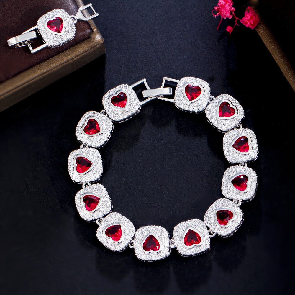 Women Lovely Silver Plated Pink Heart Cubic Zirconia Big Tennis Bracelet Wedding