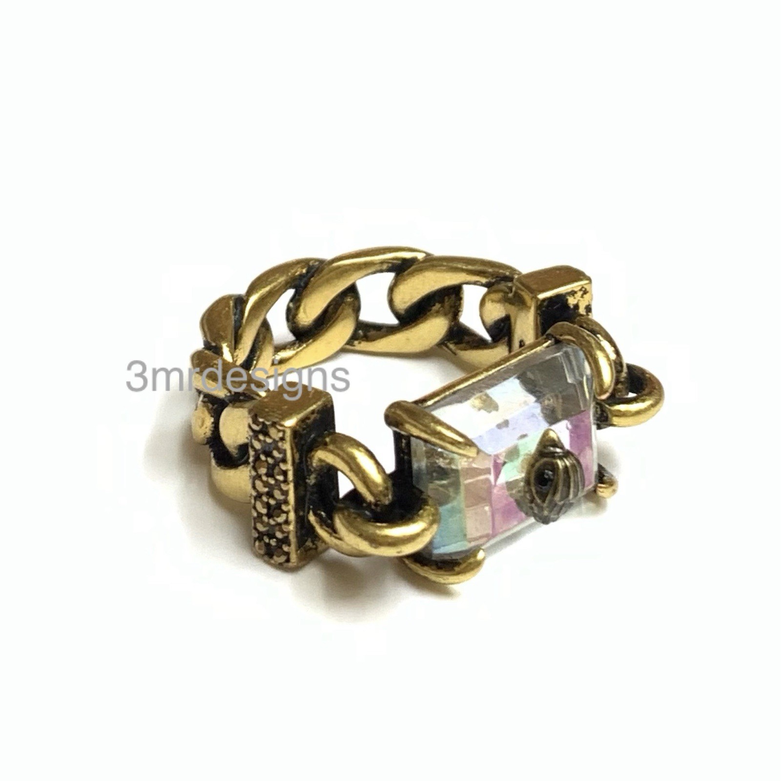NIB KURT GEIGER EAGLE HEAD Antique Gold Tone Iridescent Crystal Ring-Sz.9