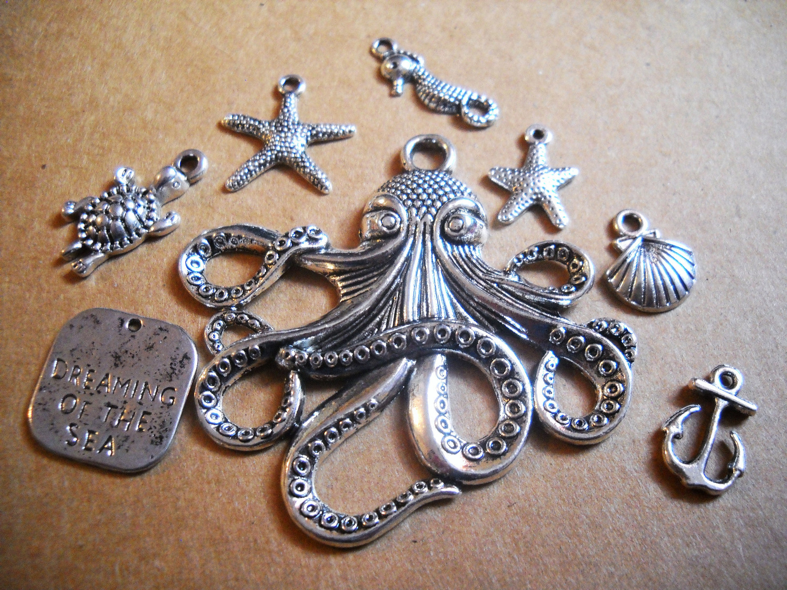 Ocean Charms Set Antiqued Silver Mixed Lot Sea Pendants Octopus Kraken 8pcs