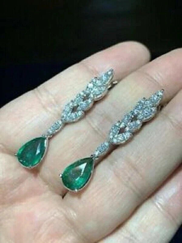 2.13Ct Pear Cut Lab-Created Emerald & Diamond Wedding 14k White Gold FN Earrings