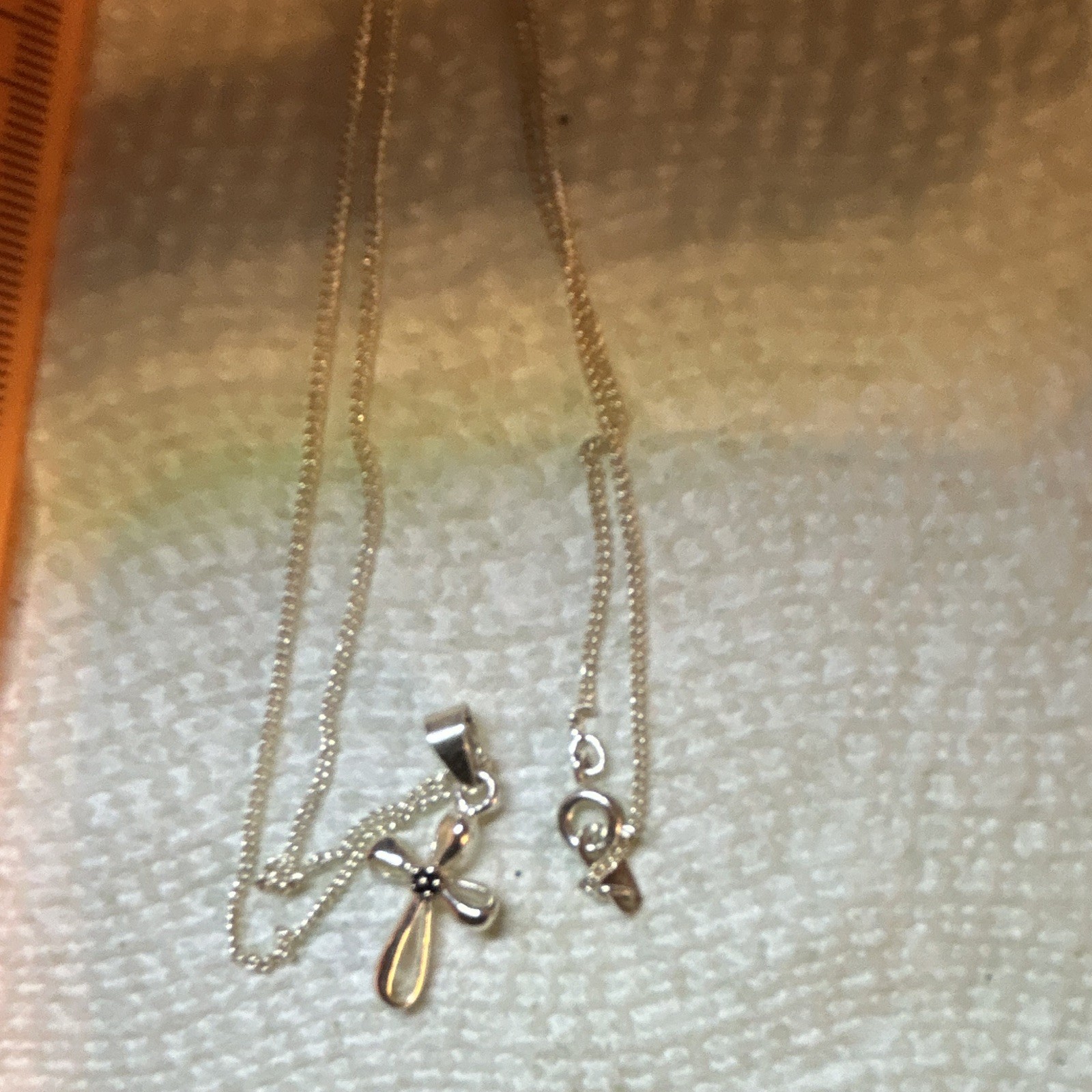 Silver Tone Cross Charm Pendant Necklace 18 in Box Chain Spring Ring Closure