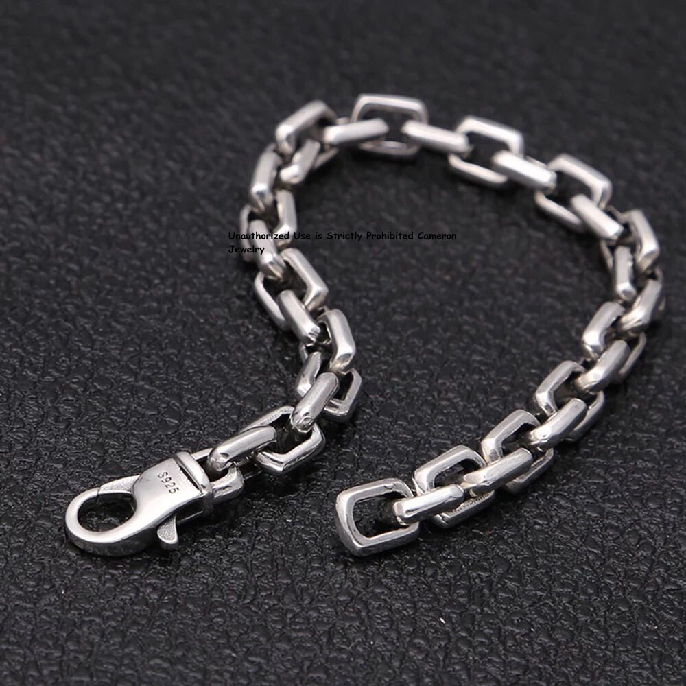 Solid S925 Sterling Silver Chain Men Women 7mm Square O Link Bracelet 7.1-8.7in