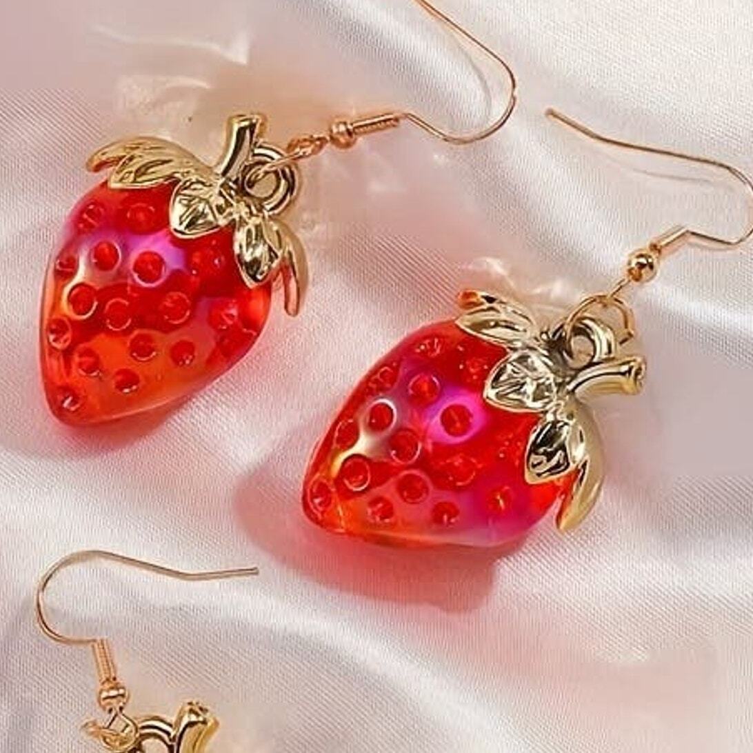 Strawberry Red Dangle Earrings Whimsical Cottagecore Feminine Best Seller