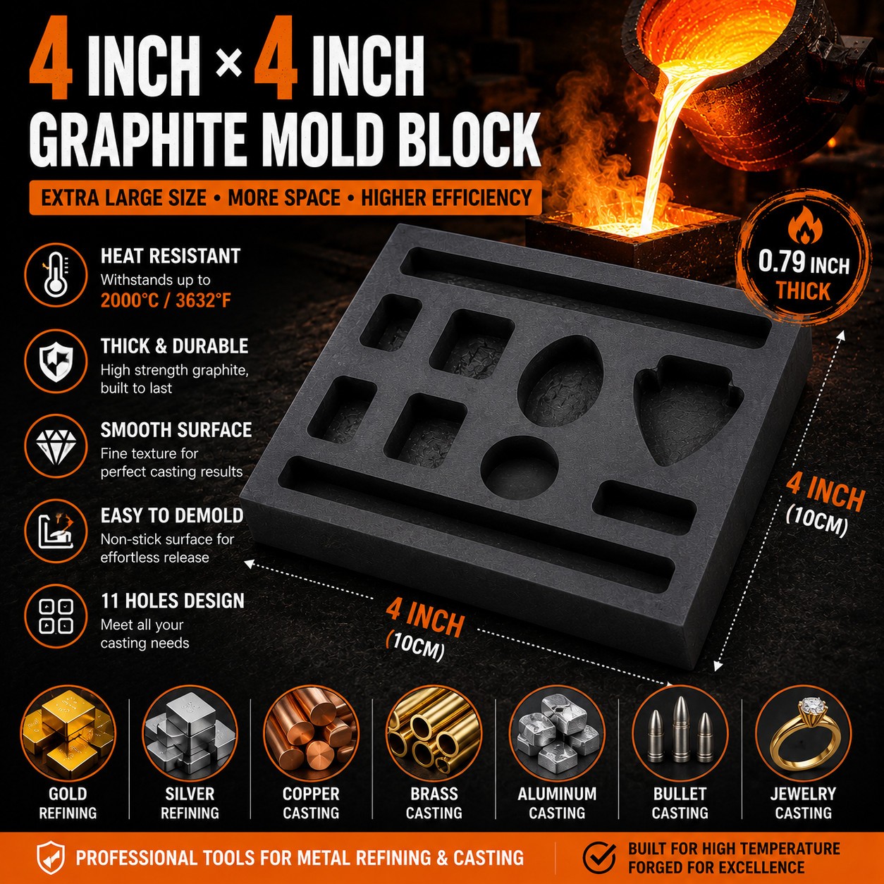Graphite Casting Mold 4x4in Combo Block Gold Bar Round Coin Scrap Refining Tool