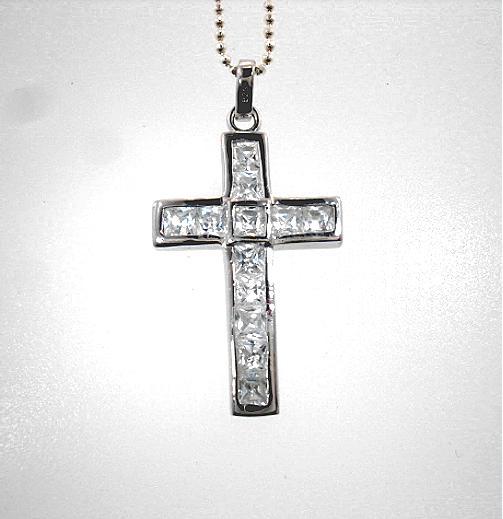 17MM RHODIUM PLATED 925 STERLING SILVER CHANNEL/BEZEL-SET WHITE CZ CROSS PENDANT