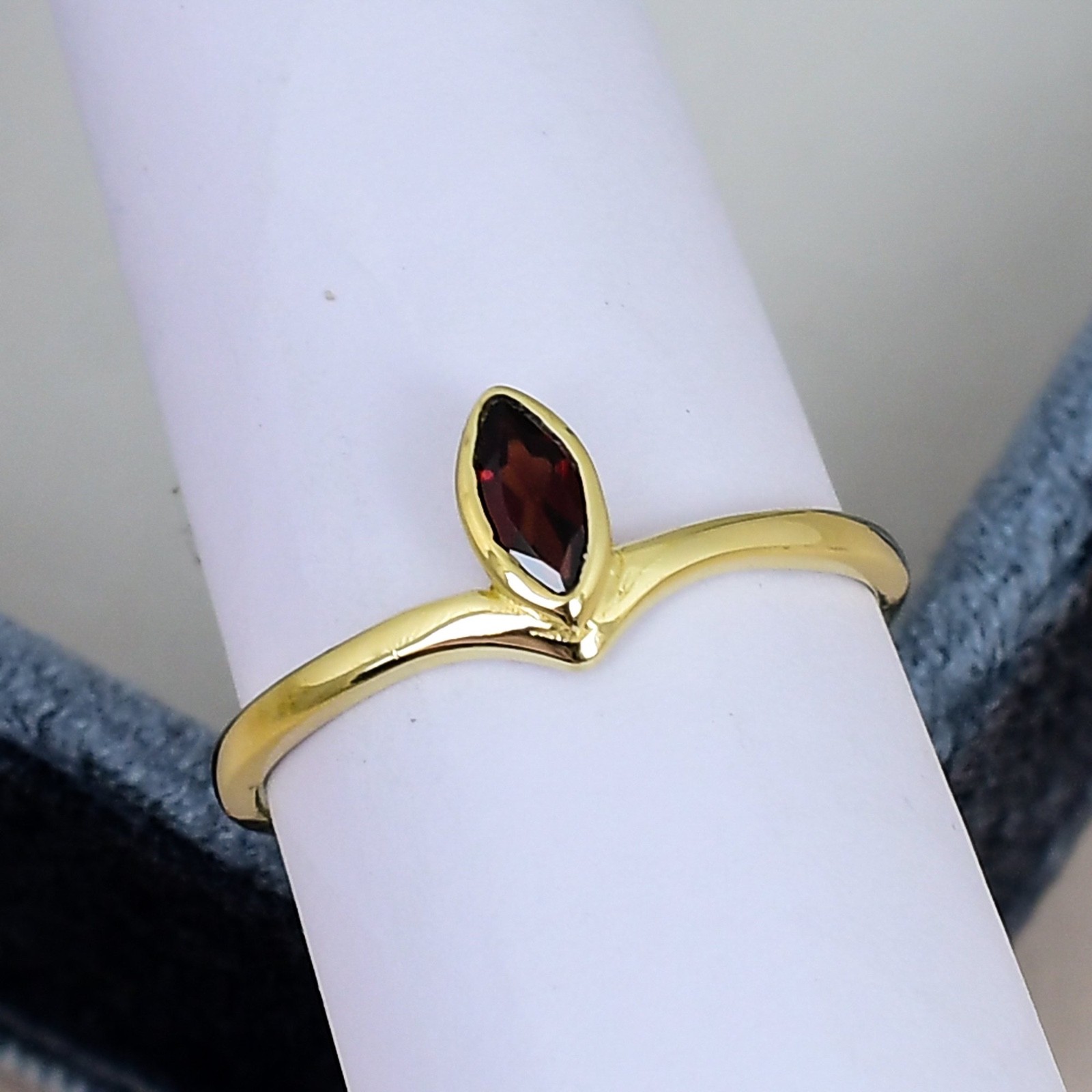 Garnet Marquise Ring 3x6mm Bezel Set Minimalist January Birthstone Gold Ring