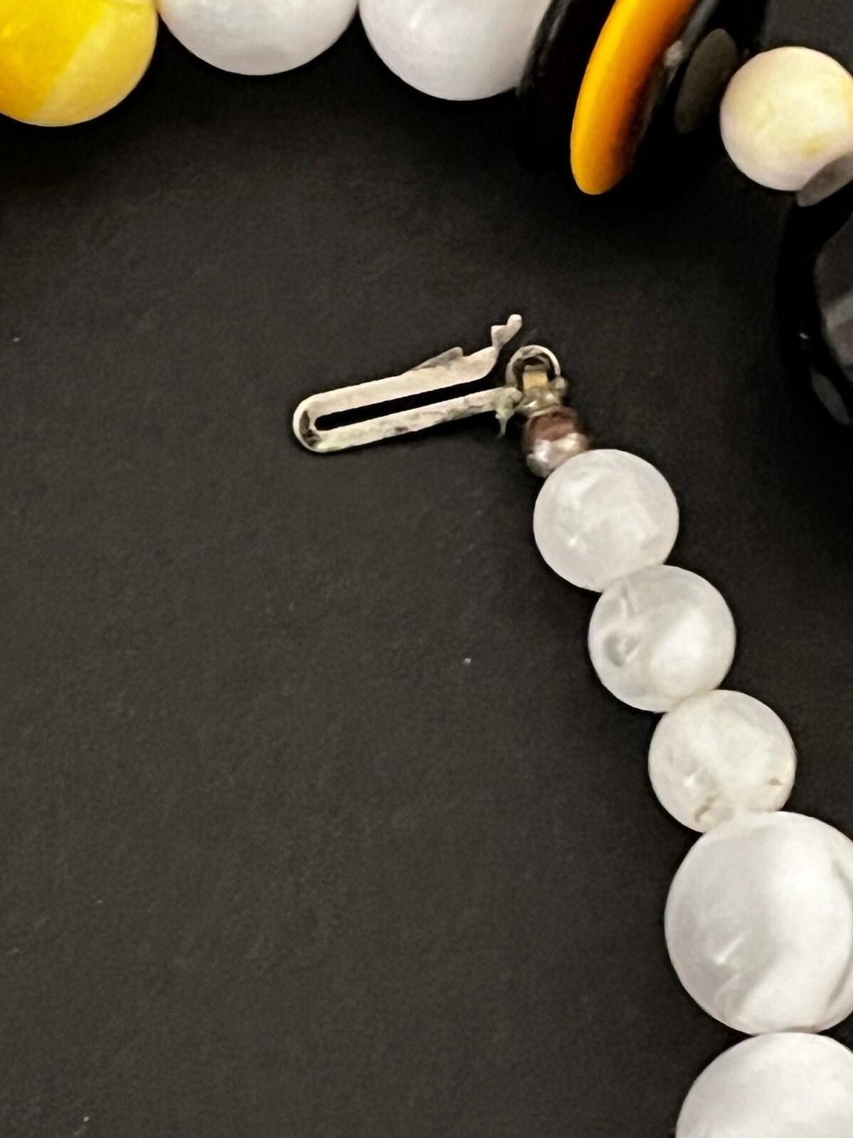 Vintage 1970’s Black Yellow White Clear Lucite Bead Necklace 31” Long